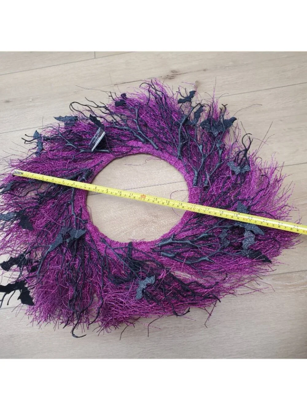24 Inch Halloween Wreath Purple Glitter with Black Bats Whimsigoth Witchy Hocus